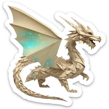Sparkling royal patterned Beige Origami dragon with a dried flower crown made of newspapers intricate patterns surrounded by fairy lights nebula galaxy stars swirls iridescent cyan sticker