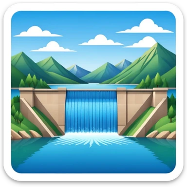 Emoji-style illustration of dam in front of mountain lake, flat vector look, bold outlines, minimal details, no background. sticker