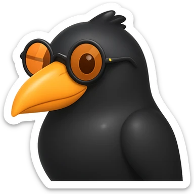 Make the bird emoji more emoji-like but keep the detailed, slightly cartoonish style of the reference. Smooth out the feather texture just a bit, add a subtle emoji shine, and keep the orange beak and round sunglasses. No background. sticker