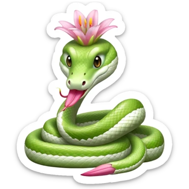 A cute, friendly, fluffy, light green and white snake
with a pink lily flower on its head
(no sting) sticker
