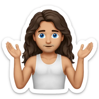 Men with olive skin, blue eyes, brown dark insanely wavy long hair, white camisole, left hand palm up crossing arms in front of face sticker