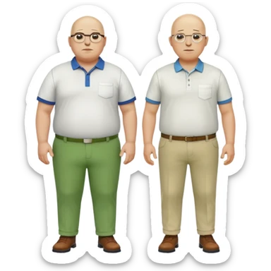 two guys, the first guy is white bald have glases a white dressshirt with rolled up sleeves and green pants he is over weight, The second guy has a yellow skin white golf shirt blue jeans and bald they should stand next to eachother they are both really fat  sticker