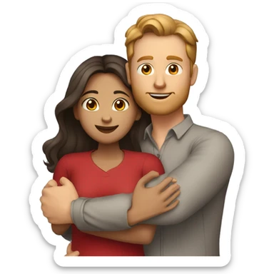 A taller Indian woman with long hair and tight fitting gray colored clothes (darker tights) hugs a shorter white man with a red shirt and brown hair sticker