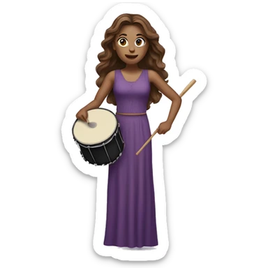 White woman standing with long flowing purple dress and long wavy brown hair holding a small handheld frame drum and a drum stick sticker