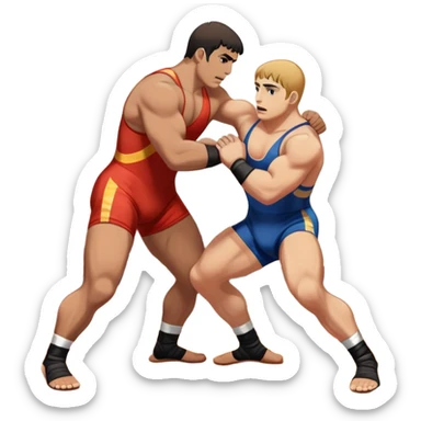 An icon symbolizing Greco-Roman wrestling, showing two wrestlers locked in a powerful grip, focusing on upper-body techniques. The background features a wrestling mat, with the athletes wearing traditional singlets. Transparent background highlights the strength and skill of the sport. sticker