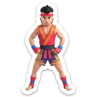 Rodtang Jitmuangnon with mohawk, intense expression, muscular build, in fighting stance, wearing mongkhon headband and Muay Thai shorts sticker