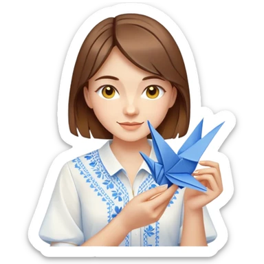 A happy Ukrainian young girl with brown hair in a white embroidered shirt making an origami crane in yellow and blue colors sticker
