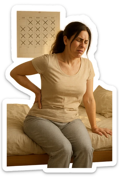 a woman in her 30s sits on the edge of her bed in the morning, holding her lower back with a pained expression. Subtle visual cues, like uneven shoulders or hips, hint at postural asymmetry. The room is softly lit, and a calendar on the wall shows months crossed off, symbolizing chronic pain over the years. sticker