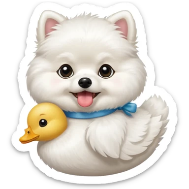 White Pomeranian carrying  a stuffed white toy duck in his mouth sticker