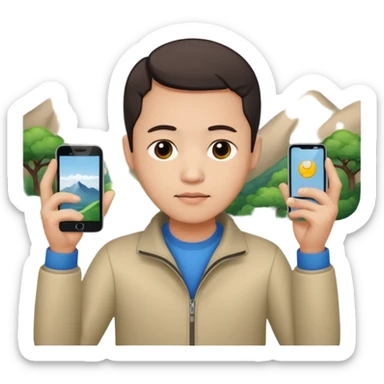 a chinese holding an smartphone with both hands in landscape mode(horizontally) on top of his forehead sticker