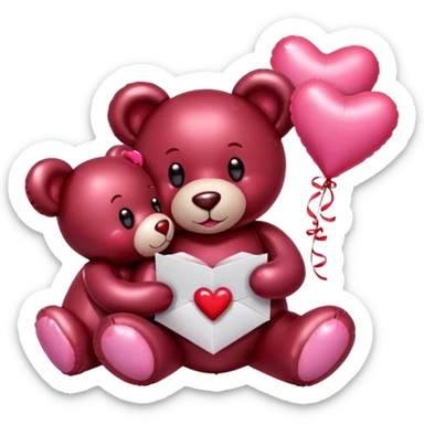 maroon love letter, three metallic pink heart-shaped balloons and red kisses and love teddy bear sticker