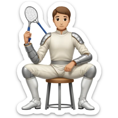 epee fencer sitting on a stool holding a fencing mask under his arm waiting for the match sticker
