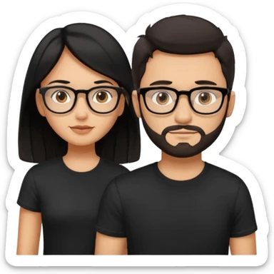 chico con gafas y barba corta moreno  camiseta negra al lado una chica pelo negro  largo piel blanca y camiseta rosa ojos marrones sticker
