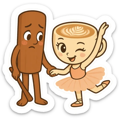 Keep the same quality and chibi stickers style. Edit the characters to have different expressions: make the coffee cup character winking and the cinnamon stick character looking shy. sticker