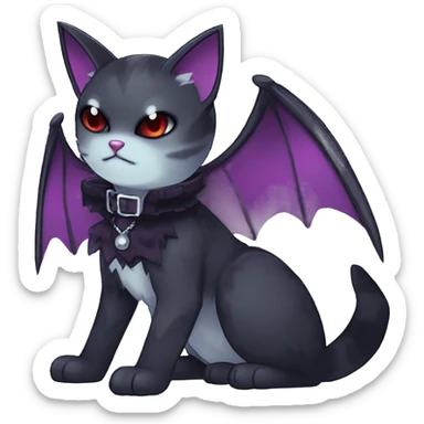   cool edgy kawaii anime-style ethereal dark-punk-themed animal vampiric cat-hybrid Fakemon with fangs and bat-wing-ears with a collar full body sticker