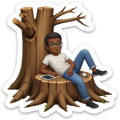 Une souche d'arbre mort avec un homme noir à lunette couché dessous  sticker