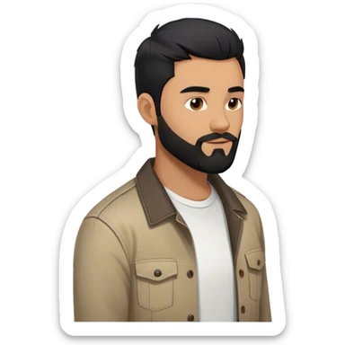 Men around 25 - 27 age with black hair and smooth black beard in shirt or jacket with white t-shirt inside see in towards the user with Right side profile sticker
