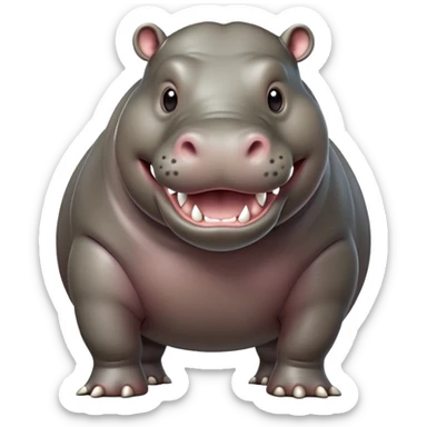 cinematic-hippo-realistic-full-body side view-standing on all fours-emoji,-massive-round-frame,-wide-mouthed-grin-exposing-huge-teeth,-head-tilted-dramatically,-thick-greyish-brown-hide-glossy-from-water,-simplified-yet-realistic-focused-features,-highly-detailed,-glowing-with-an-almost-sarcastic-glow sticker