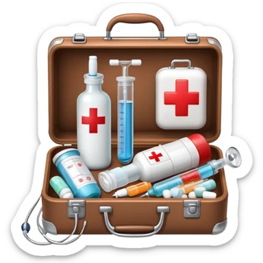 An icon featuring a medical suitcase with a red cross, a bottle of pills, a stethoscope, and a syringe, symbolizing medicine. The design includes a thermometer, bandages, representing healthcare and medical treatment. Transparent background highlights the science of healing. sticker