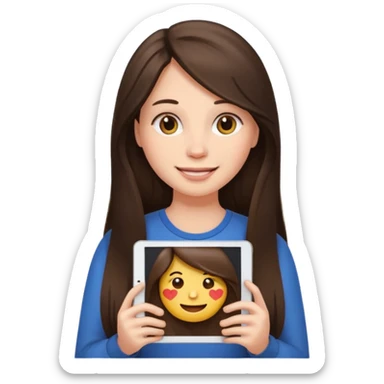 bored brunette  with long hair holding iPad emoji sticker