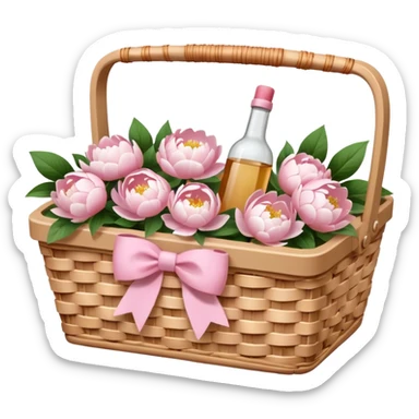 White Picnic basket with light pink bow and white peonies and a pink bottle inside sticker