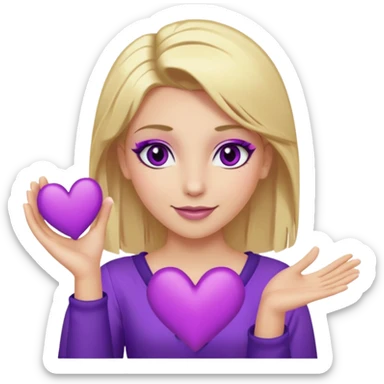 twitch emote, kinda chibi style. blonde hair: long, straight, no bangs. gray eyes. an eyebrow with a slit. purple eyeshadow/eyeliner with gold eyeshadow. only face and arms, hands visible. happy, holding a purple heart. white background. sticker