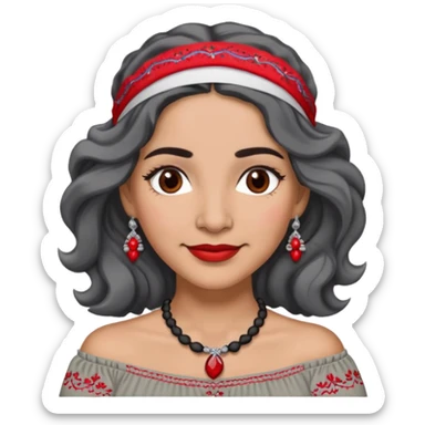 Latina woman, about 50, light brown skin, round face, wavy shoulder-length black and gray hair, red/white headband, medium eyes, thin eyebrows, subtle smile, gray peasant blouse, embroidery, bare shoulders, big dark necklace sticker