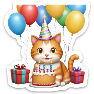 Ginger cat celebrates birthday, birthday hat, birthday cake, balloons, happy, gifts sticker