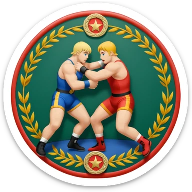 An icon symbolizing wrestling combat sports in the style of an emblem. The design features two wrestlers locked in a powerful grapple, one attempting to take the other down. Surrounding the scene are stylized elements like a championship belt, wrestling mat, and a laurel wreath. sticker