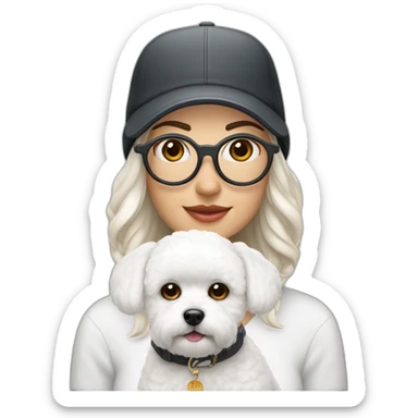 mujer piel blanca con gorro en la cabeza gafas y un perro bichon maltés blanco sticker