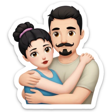Tall strong white man with dark brown mustache goatee hugging a chubby short pale woman with messy black hair bun sticker