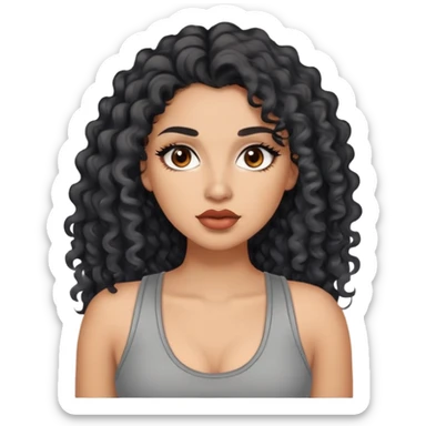 light brown skin tone, very beautiful woman, with big plump lips, long long lashes, black curly long hair, brown eyes, grey tank top sticker