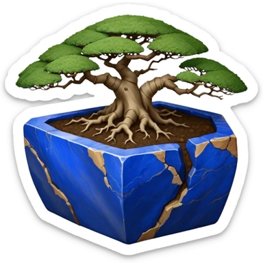 Aged two toned lapis blue terracotta Roots Stoneware akadama moss on soil irregular angular Stone Age rocks cracked crags and broken rough edges forming a very shallow Yixing bonsai pot sticker