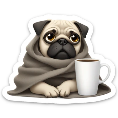 Sad dog pug in a gray blanket with a cup of coffee sticker