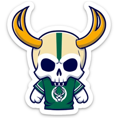 cool skull in Milwaukee Bucks basketball team colors (dark green, cream, and blue) sticker