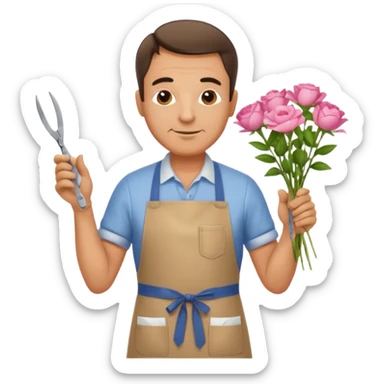 Middle-aged male florist – apron on, trimming stems with scissors sticker