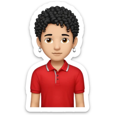 teen boy, indian, black curly hair, undercut hairstyle, silver earring in one ear, red polo shirt, silver chain sticker