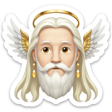 Wise deity with white angel wings, long white hair, beard and mustache, wearing gold drop earrings, heavenly appearance sticker