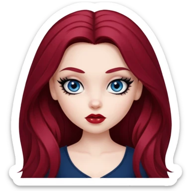 pale skin, girly bratz baddie, beautiful dark blue eyes, sharp black eyeliner, long dark red hair sticker