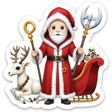 the Grim reaper dressed as Santa.... What gifts would be in his Sleigh.... What would his Sleigh likely look like.... Would the reindeer be skeletons, or ordinary reindeer? sticker