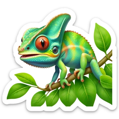 cinematic cute -baby chameleon-realistic emoji, mouth wide open with tongue out catching prey, -blending-with-vibrant-greenery.-detailed-scales-in-shifting-colors,-showing-the-chameleon’s-ability-to-camouflage.-soft-natural-light-highlights-its-texture.-light-background, zoomed into its face sticker