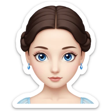 Realistic Ballerina Portrait, with porcelain-like skin featuring a natural rosy flush, illuminated by soft lighting that highlights the gentle contours of her face. Her Brunette hair flows in soft.Her deep blue eyes radiate framed by arched brows and long lashes. sticker