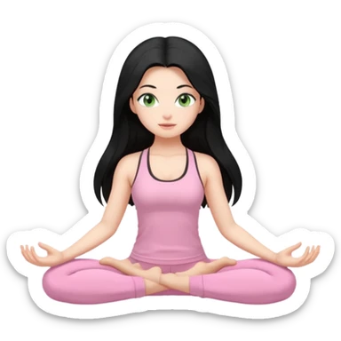 Girl with super long black hair with light green eyes doing yoga with light pink clothes sticker