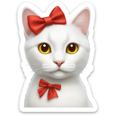 A white cat with a red bow and a a yellow nose  sticker
