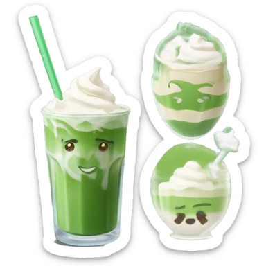 Iced matcha latte in a glass cup with whipped cream sticker