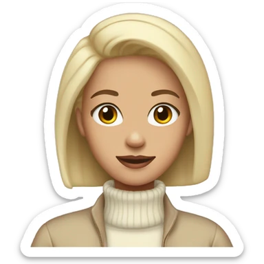 a bald girl wearing a white turtleneck sweater and a beige jacket out the sweater sticker