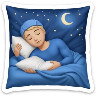 “A young muscular male with short dark-blonde hair and medium-light skin, wearing blue cloth. He sleeps on his side, holding a soft white pillow, his head on a smooth blue pillow. A sleeping symbol floats above him in the dark, nighttime scene. A flowing blue blanket with silky folds covers him. sticker