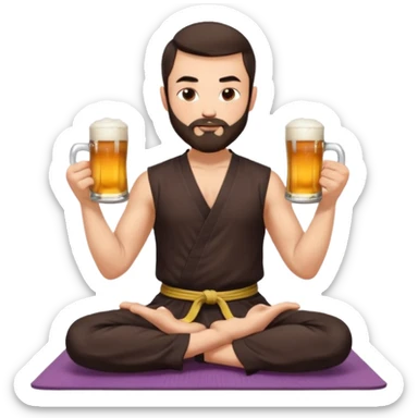 slavic guy with dark brown hair and beard, sitting in yoga pose on a mat, kung fu clothes, short dark hair, holding beer mugs in two hands, sitting sticker