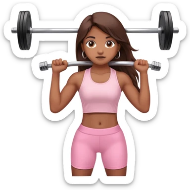 a north-east indian girl with long brown hair wearing a soft pink gym top holding a barbell  sticker