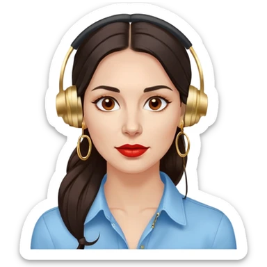 Beautiful croatian woman in her late 30s with long dark brown hair dark brown eyes red lips gold mid size hoop earrings noise cancelling earbuds in light blue mens shirt sticker